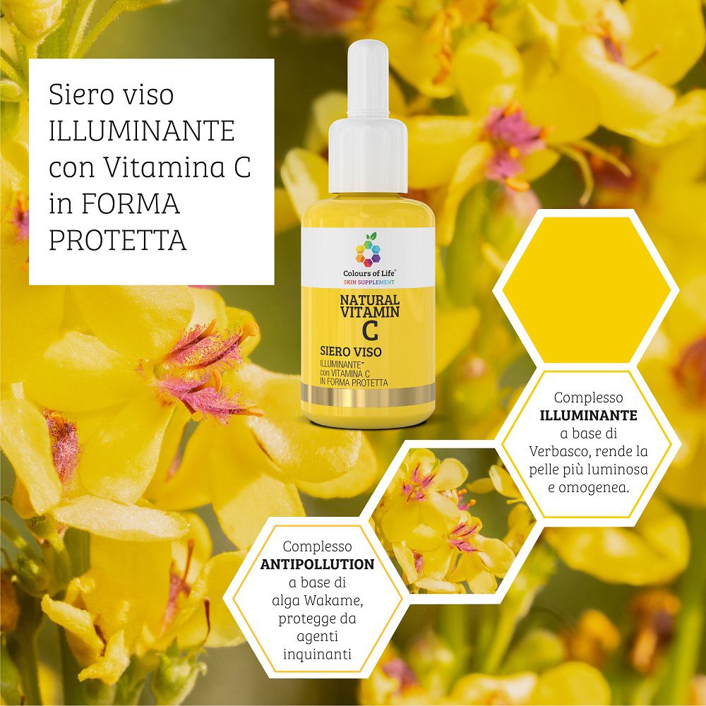 Siero viso Vitamina C Colours of Life vicino a fiori gialli, con box informativi.
