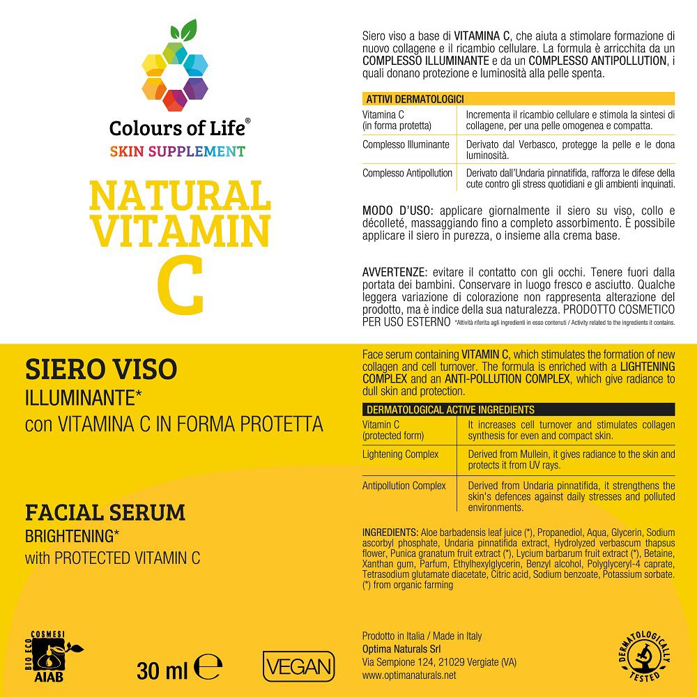 Foglio illustrativo con informazioni prodotto e flaconcino siero Vitamina C Colours of Life.