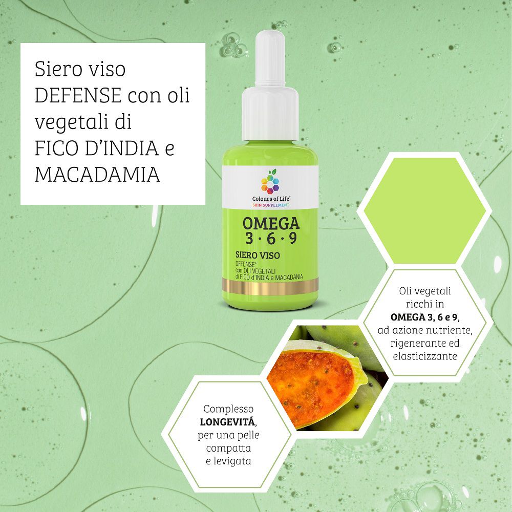 Siero viso Defense Omega 3-6-9 Colours of Life con oli di fico d'India e macadamia.