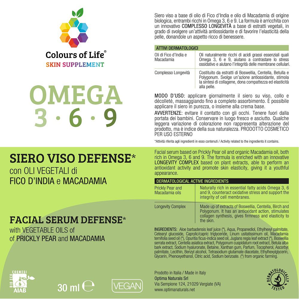 Siero viso Defense Omega 3-6-9 Colours of Life con oli di fico d'India e macadamia.