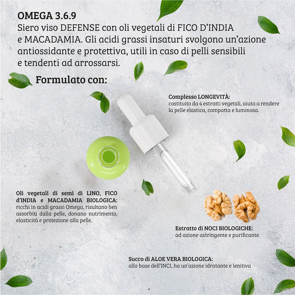 Siero viso Defense Omega 3-6-9 Colours of Life con oli di fico d'India e macadamia.
