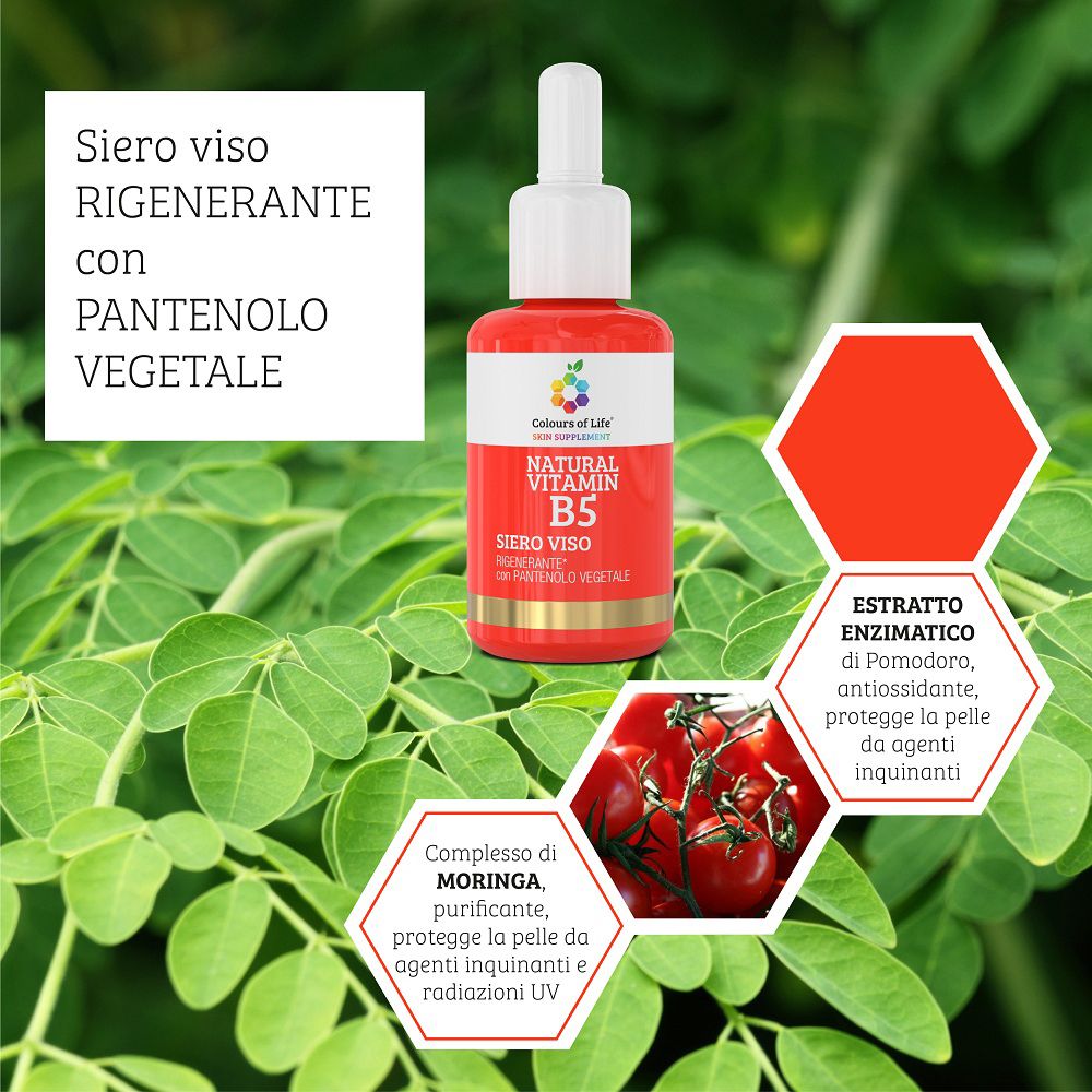 Flacone di siero viso con infografiche sugli ingredienti: estratto di pomodoro, complesso di moringa, pantenolo vegetale.