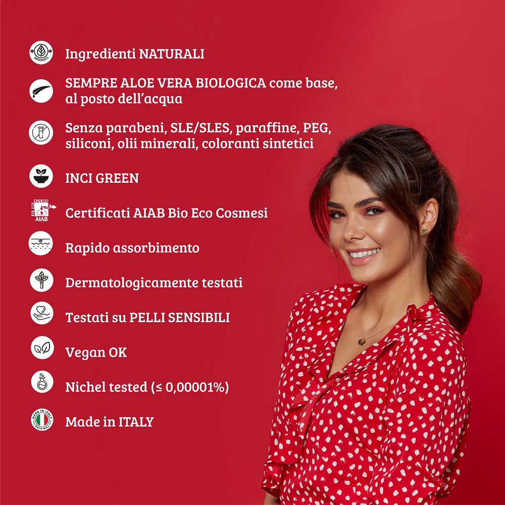 Elenco degli ingredienti naturali e delle certificazioni per il siero viso, con una donna sullo sfondo.