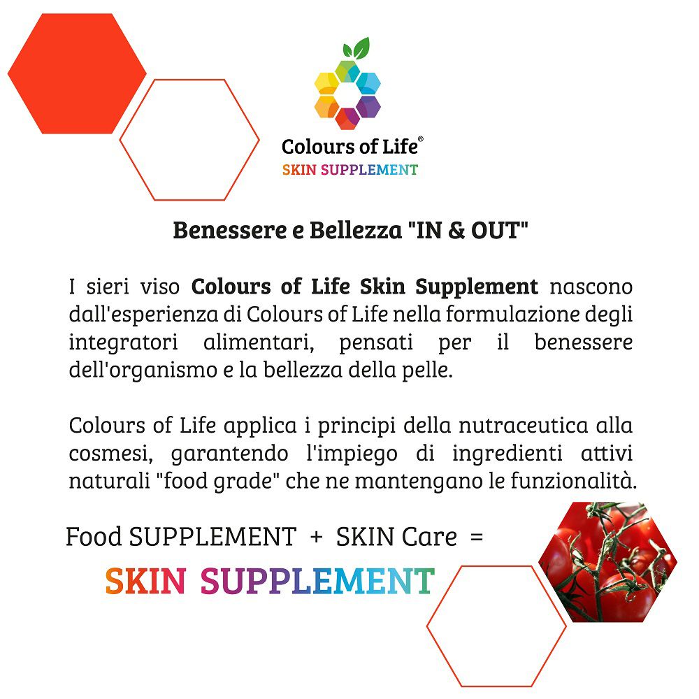 Grafica concettuale "IN & OUT" per la cura della pelle con logo "Colours of Life" e pomodori.