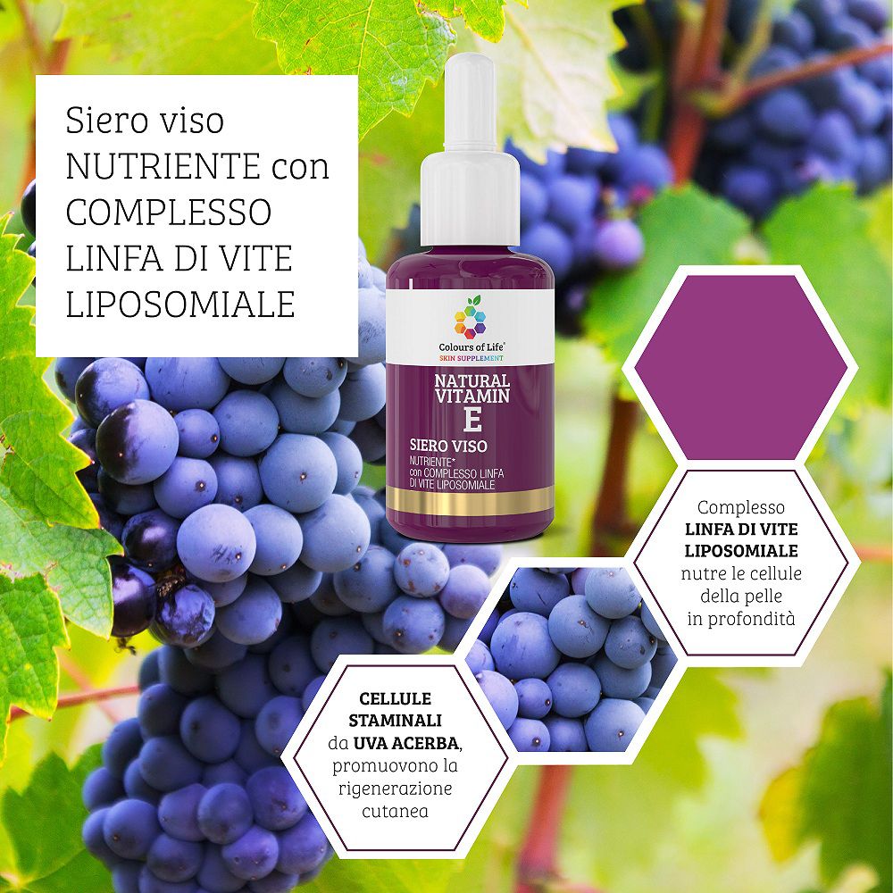 Siero viso con uva e vitamina E, circondato da foglie.