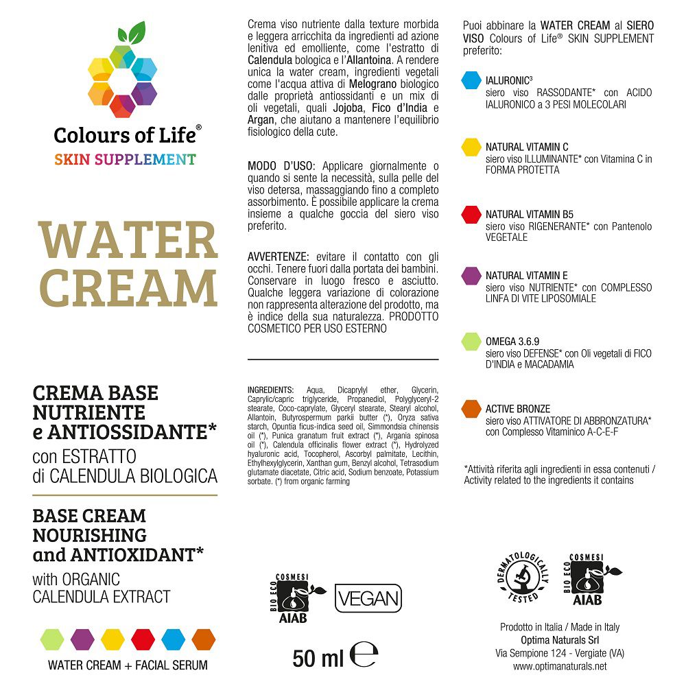 Retro della confezione della crema viso Water Cream con ingredienti e applicazione.