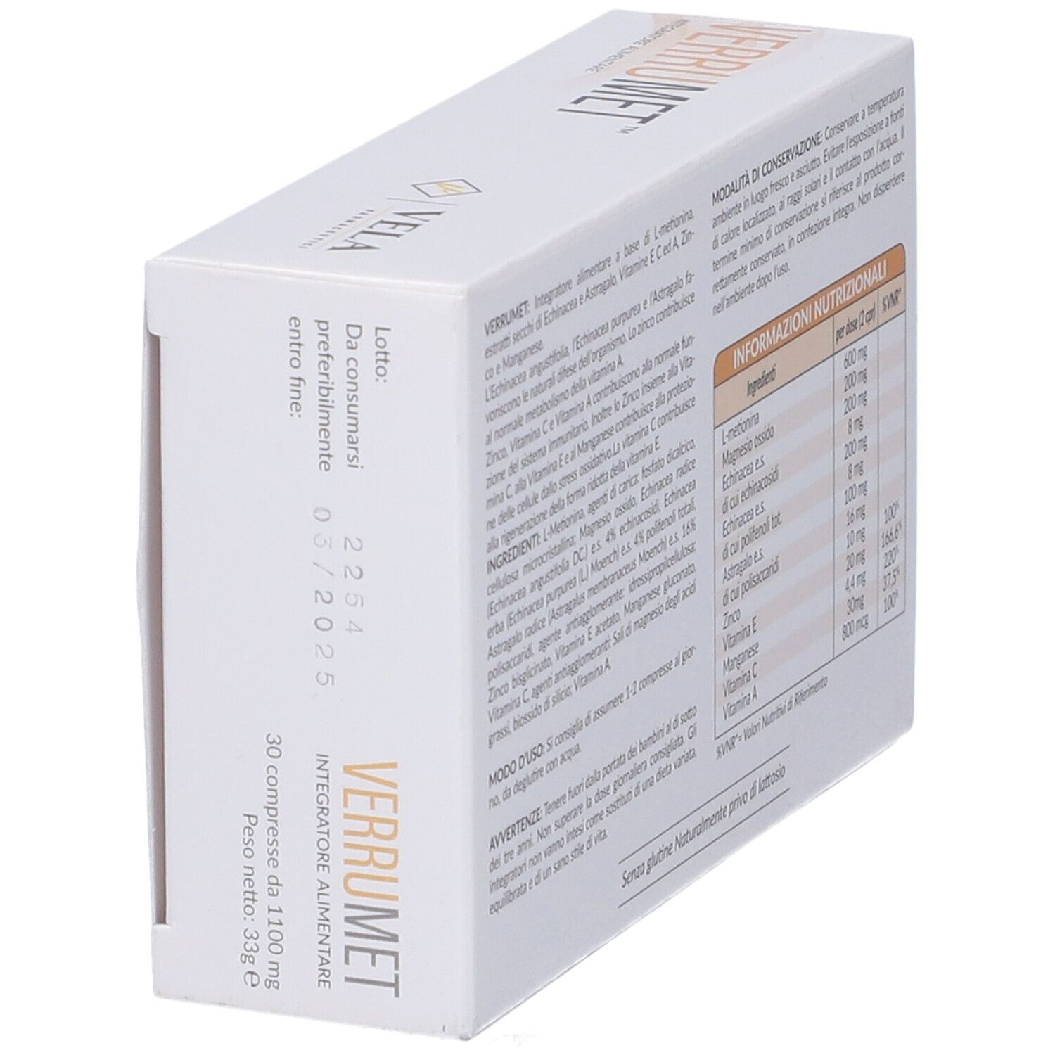 Vista laterale scatola VERRUMET. Contiene 30 compresse. Data di scadenza. Testo in italiano.
