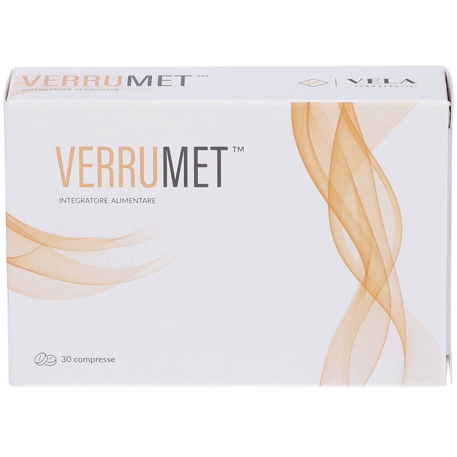 Scatola bianca VERRUMET. Contiene 30 compresse. Linee dorate. Logo VELA. Testo in italiano.
