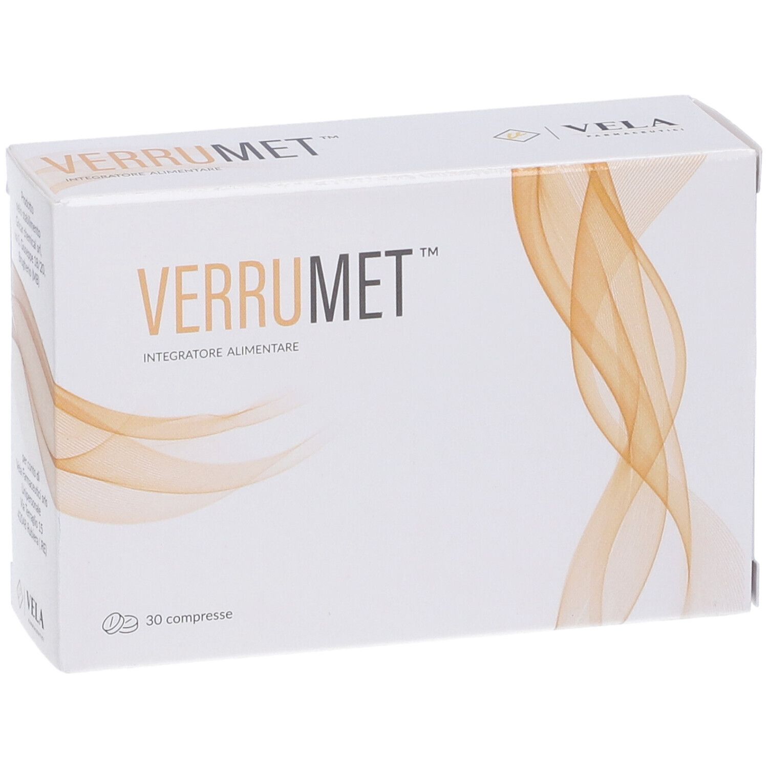 Scatola bianca VERRUMET. Contiene 30 compresse. Linee dorate. Logo VELA. Testo in italiano.
