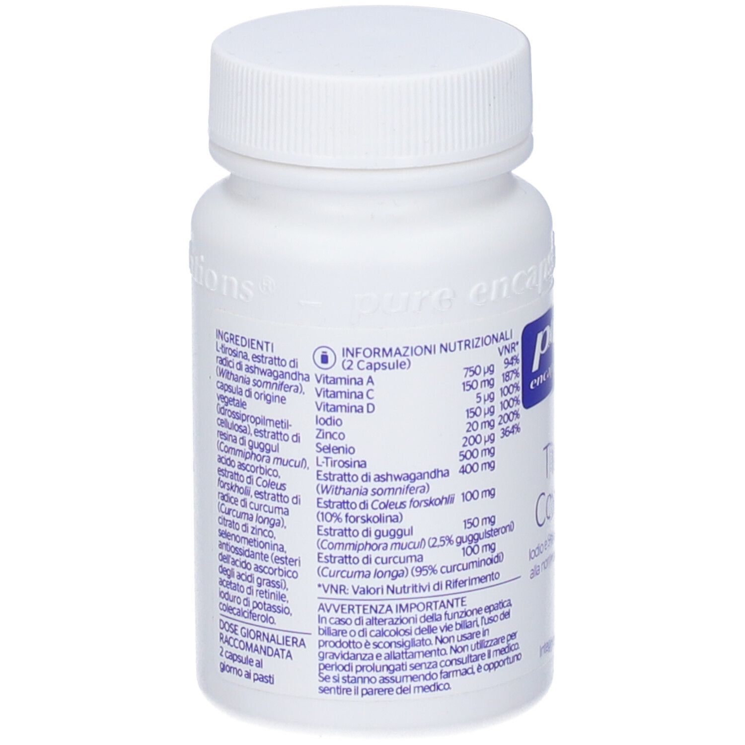 Retro del flacone bianco. Lista ingredienti e informazioni nutrizionali visibili.