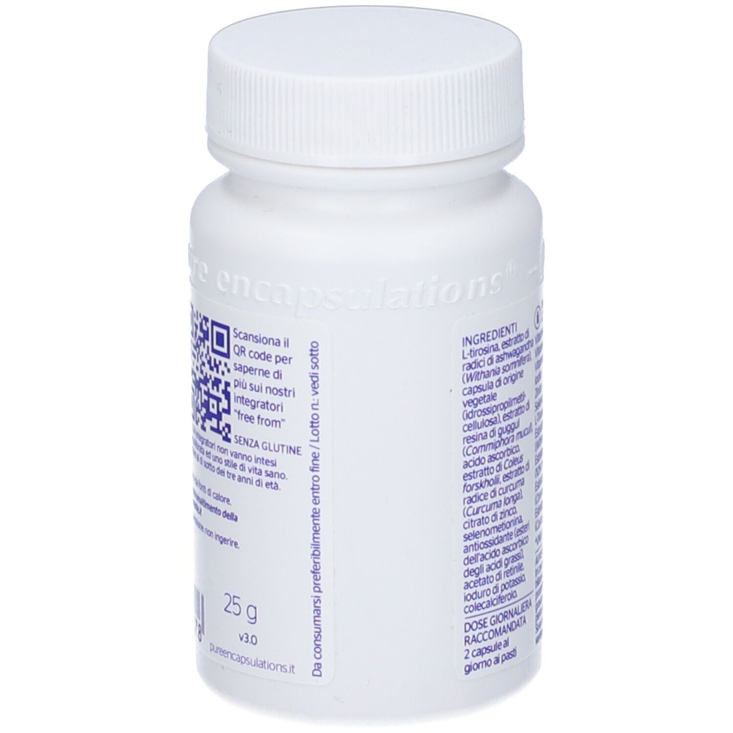 Flacone bianco con codice QR e lista ingredienti. Scritta: 25 g.