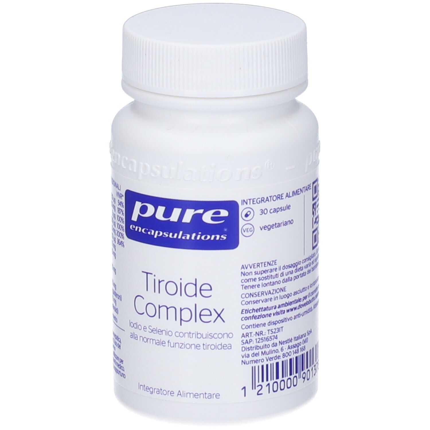 Flacone bianco con etichetta blu. Scritta: Pure Encapsulations Tiroide Complex. 30 capsule.