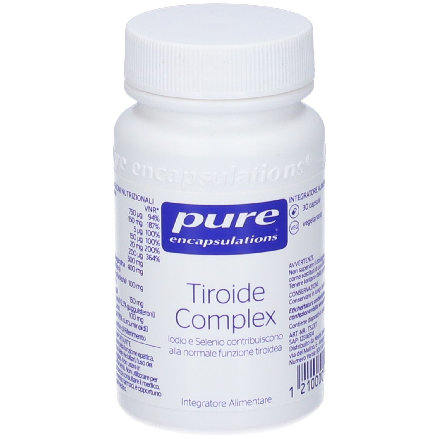 Flacone bianco con etichetta blu. Scritta: Pure Encapsulations Tiroide Complex. 30 capsule.