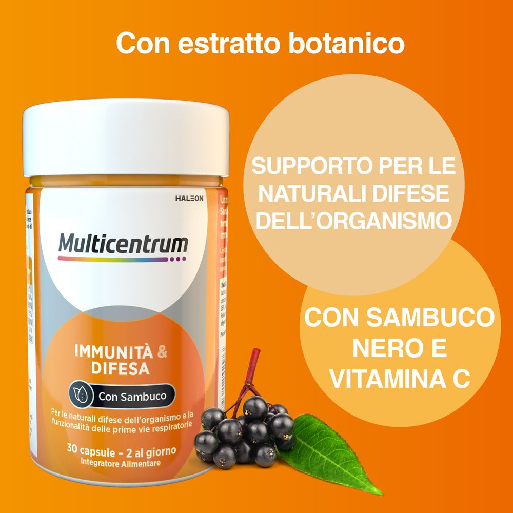 Flacone Multicentrum Immunità & Difesa. Testo: Con estratto botanico, Con sambuco nero e vitamina C.