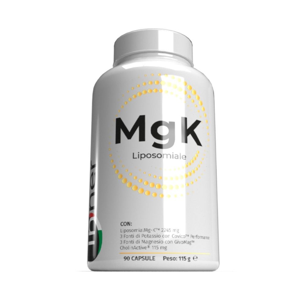 Flacone bianco MgK Liposomiale. Scritta MgK, Liposomiale. 90 capsule, 115 g. Punti gialli.