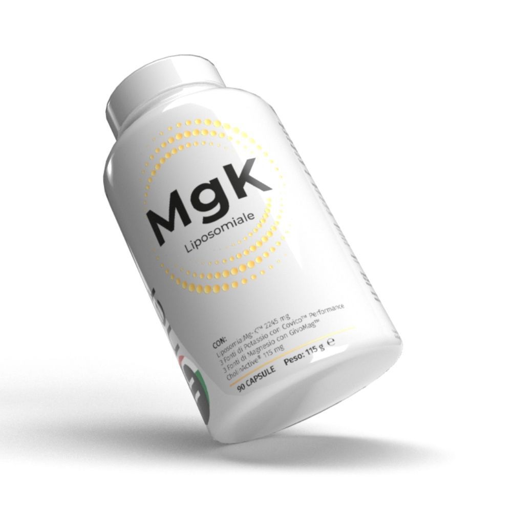 Flacone bianco MgK Liposomiale. Scritta MgK, Liposomiale. 90 capsule, 115 g. Punti gialli.