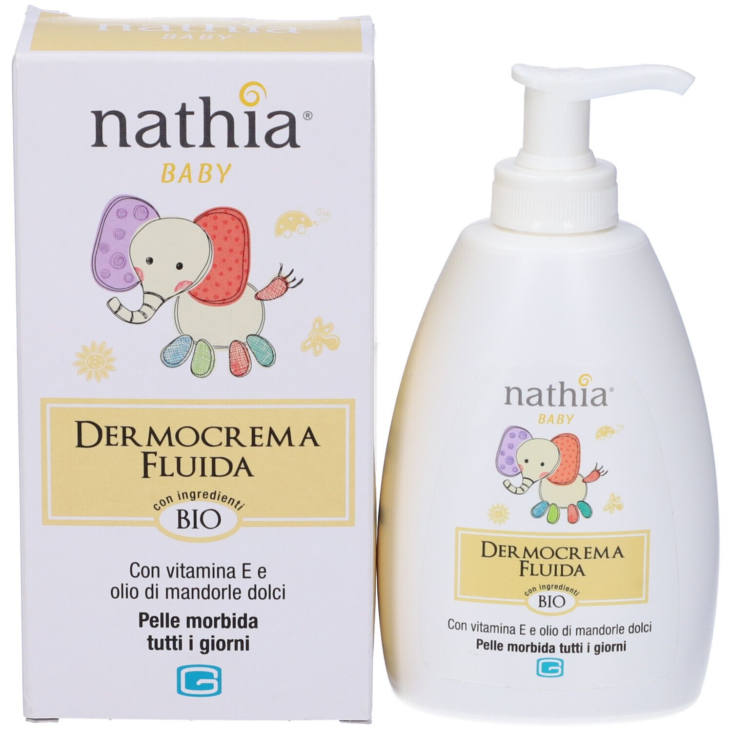 Confezione del prodotto: scatola e flacone. Scatola: Nathia Baby, Dermocrema Fluida, BIO. Flacone: identico a IT984323055-p10.