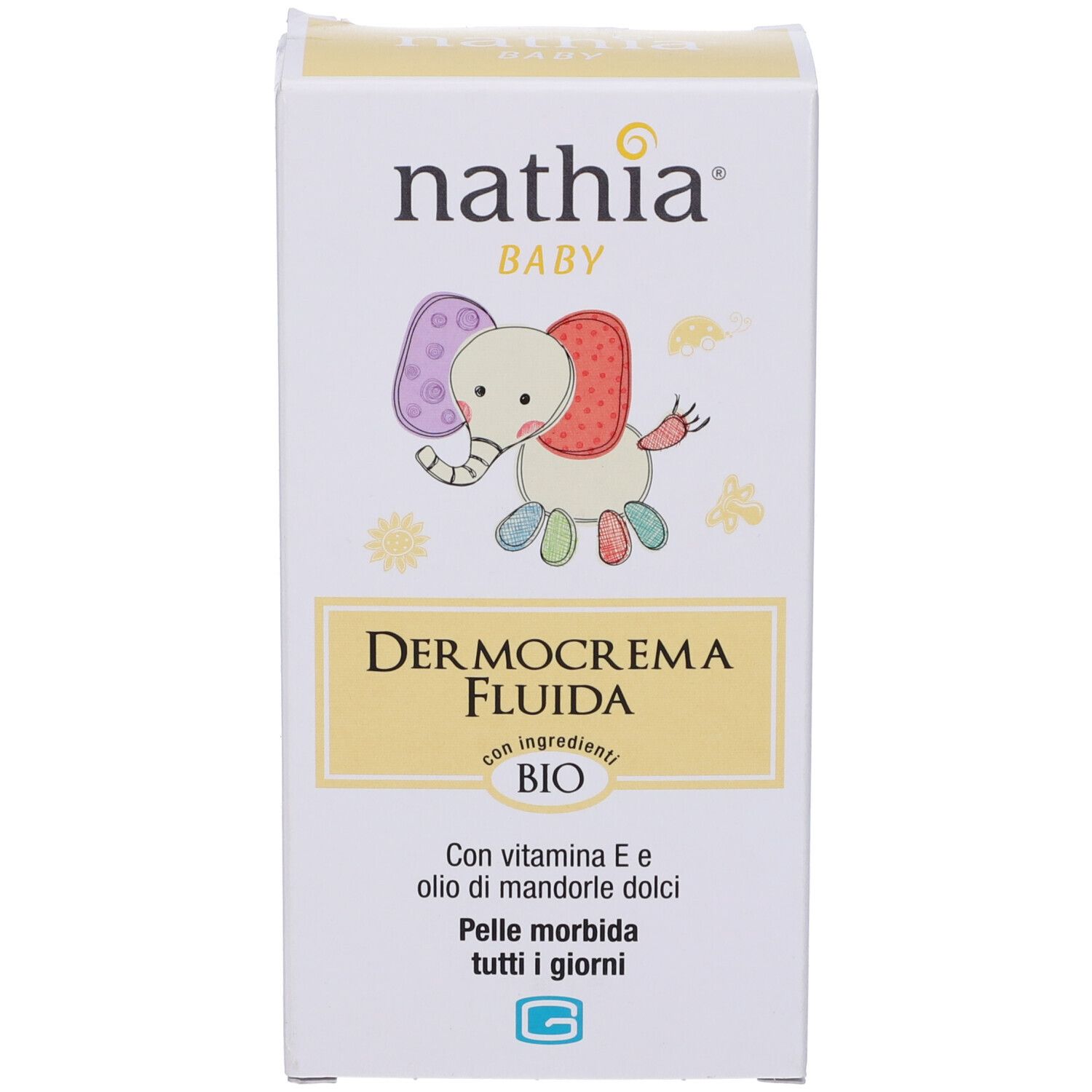 Confezione del prodotto: scatola. Scritta: Nathia Baby, Dermocrema Fluida, BIO. Illustrazione di elefante. Contiene vitamina E e olio di mandorle.
