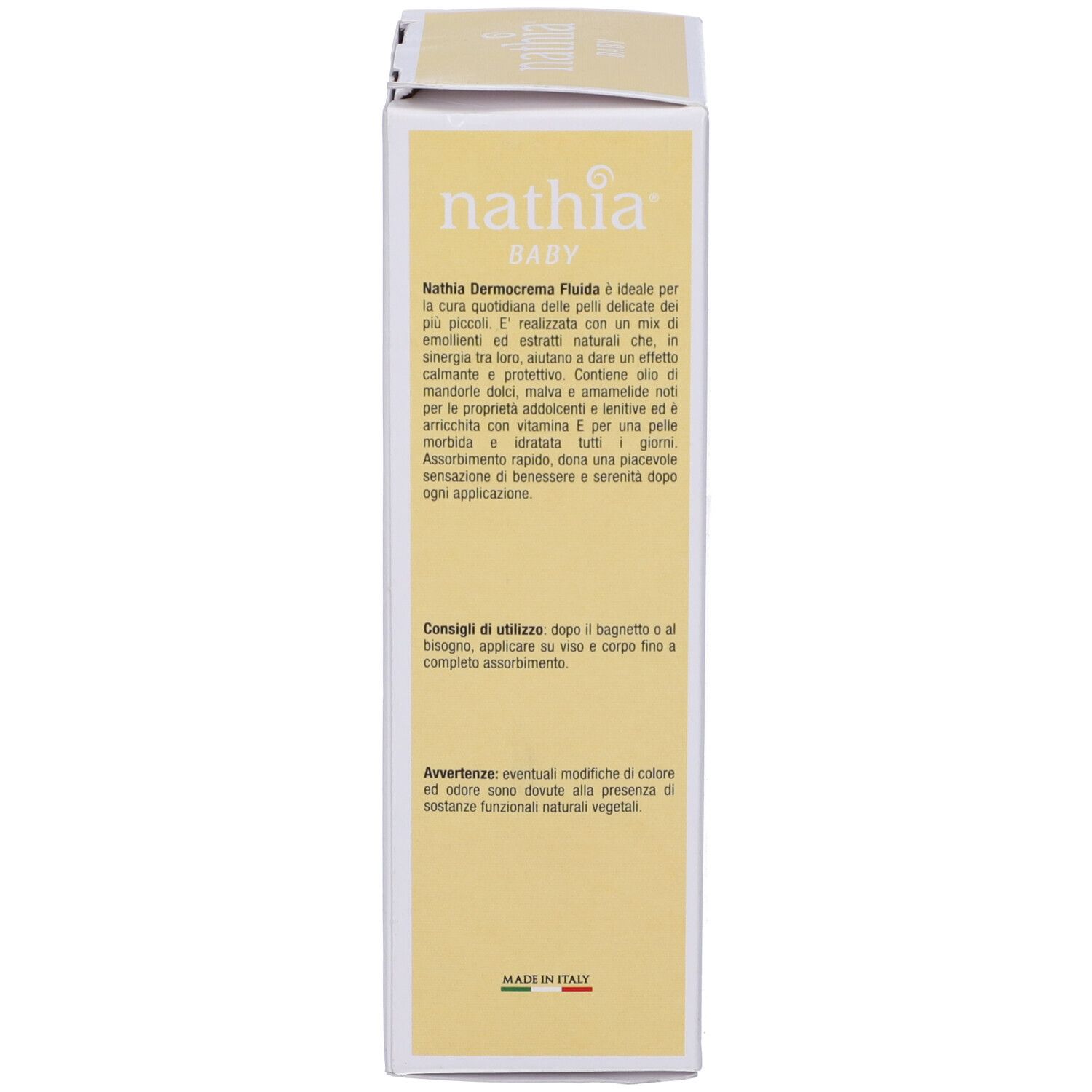 Lato della confezione del prodotto. Testo: Nathia Dermocrema Fluida, consigli d'uso. Prodotto in Italia.