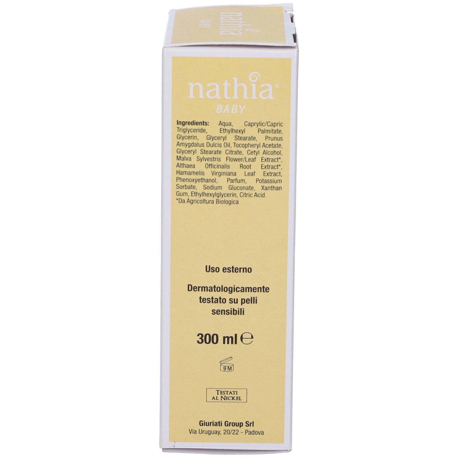 Lato della confezione del prodotto. Testo: Nathia Baby, ingredienti, 300 ml, dermatologicamente testato. Prodotto in Italia.