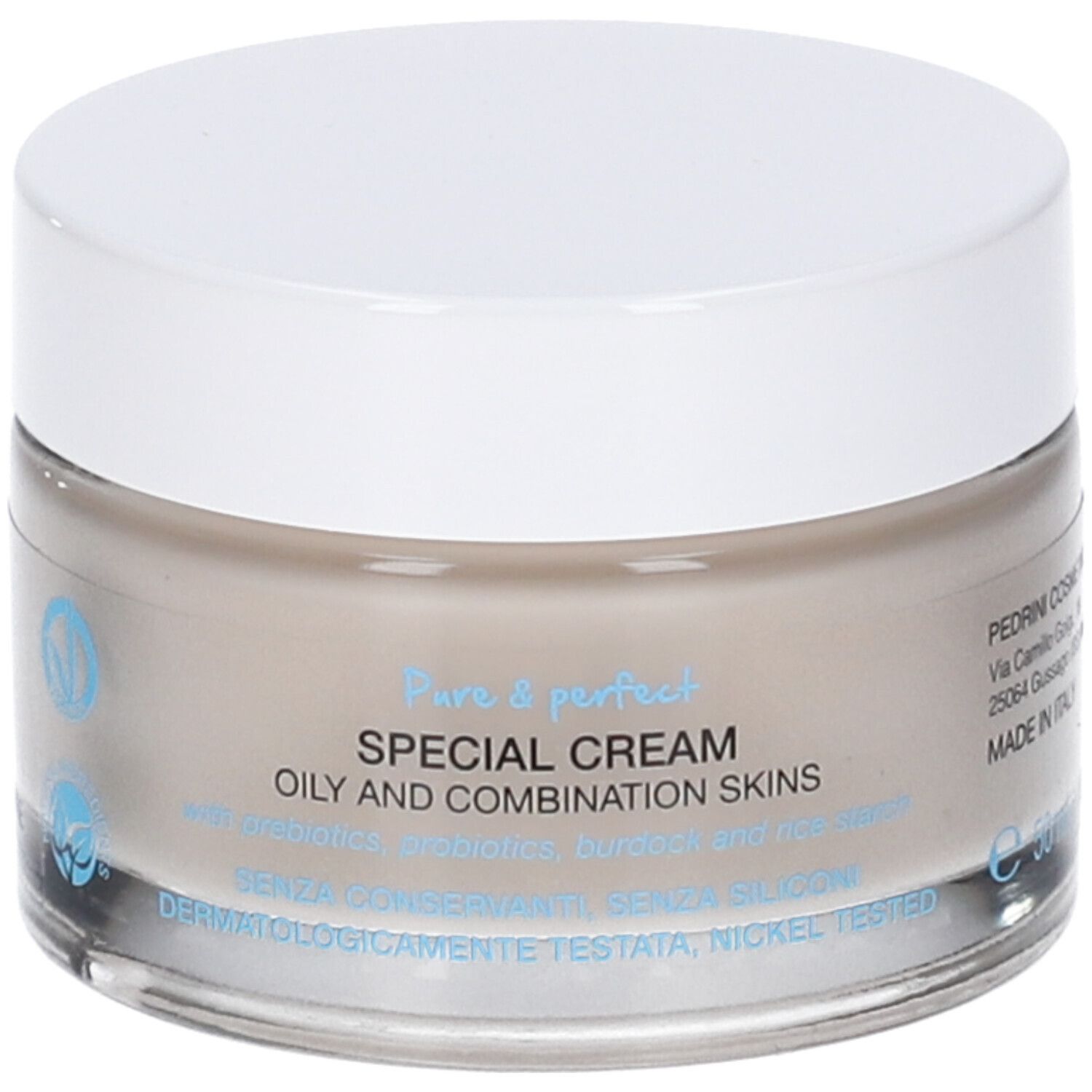 Vaso di crema con coperchio bianco. Scritta: Special Cream, per pelli miste. Marchio Vegan.