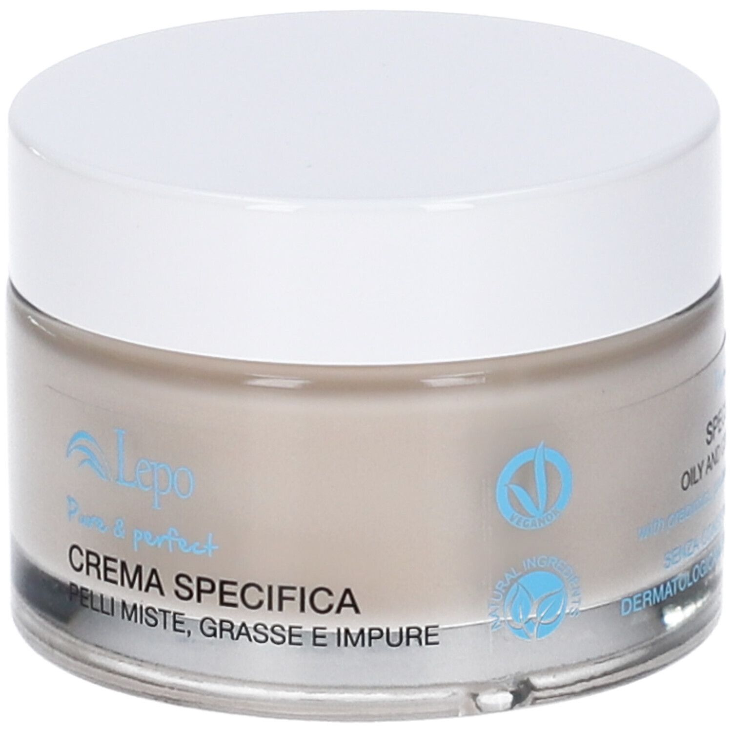 Vaso di crema con coperchio bianco. Scritta: LEPO Crema Specifica. Per pelli miste, grasse e impure.