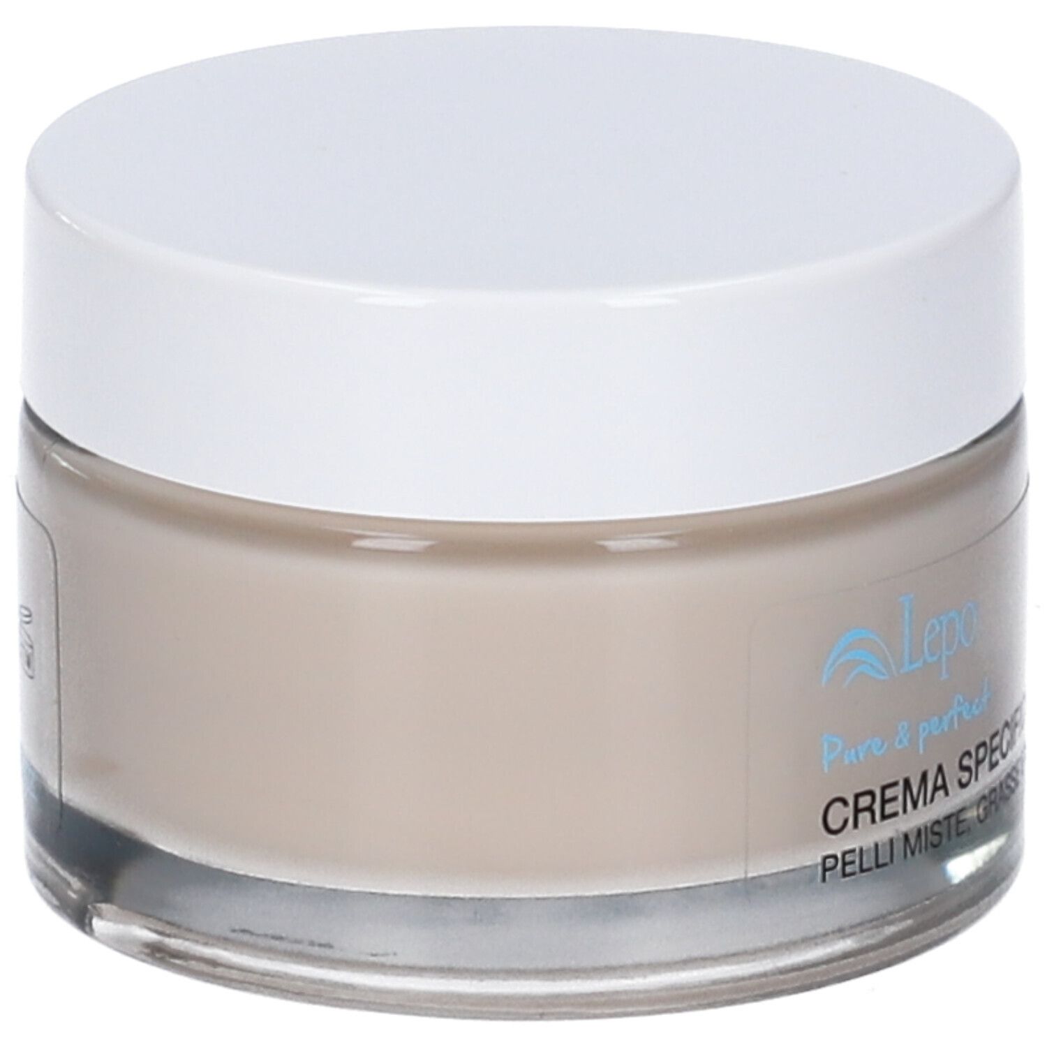 Vaso di crema con coperchio bianco. Scritta: Crema Specifica. Per pelli miste, grasse e impure.