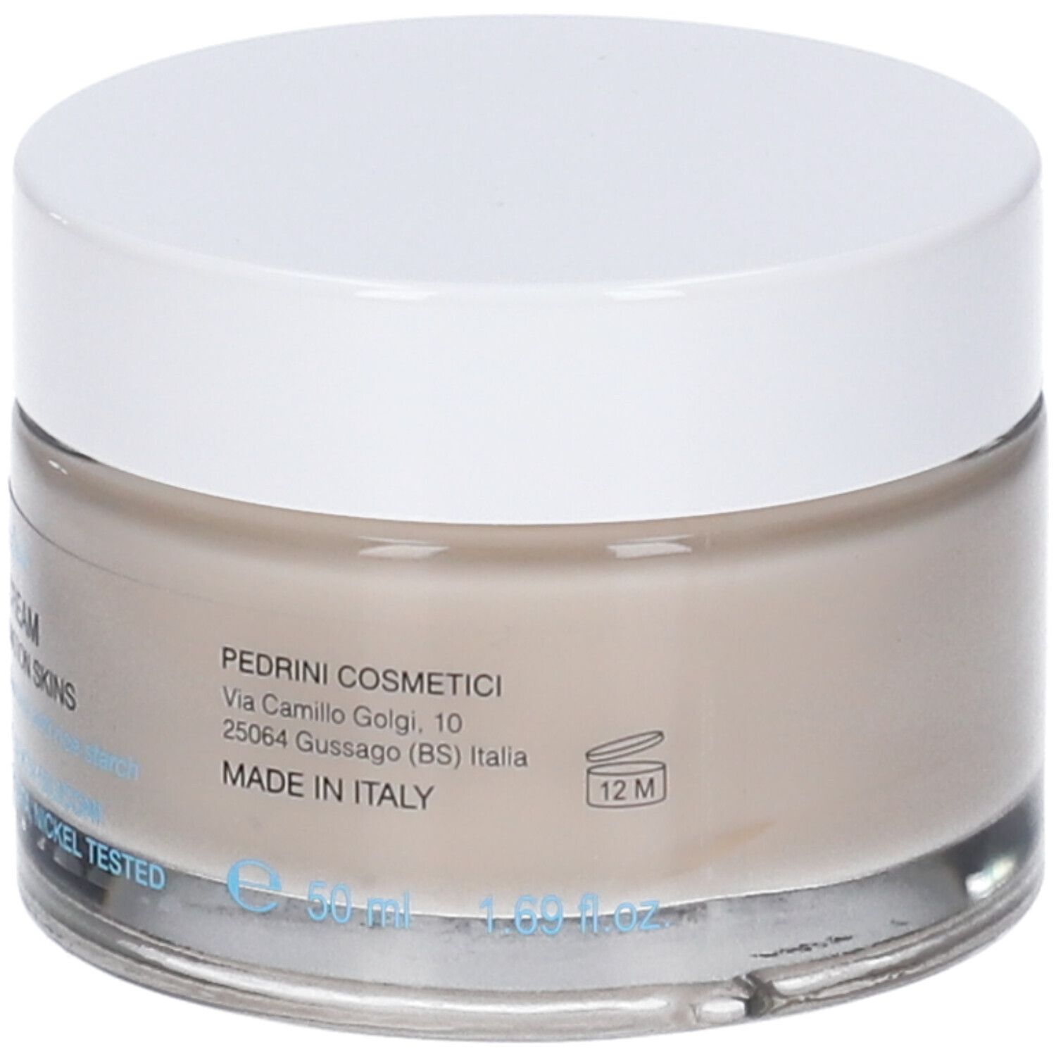 Vaso di crema con coperchio bianco. Scritta: Pedrini Cosmetici. Made in Italy. Simbolo 12M.