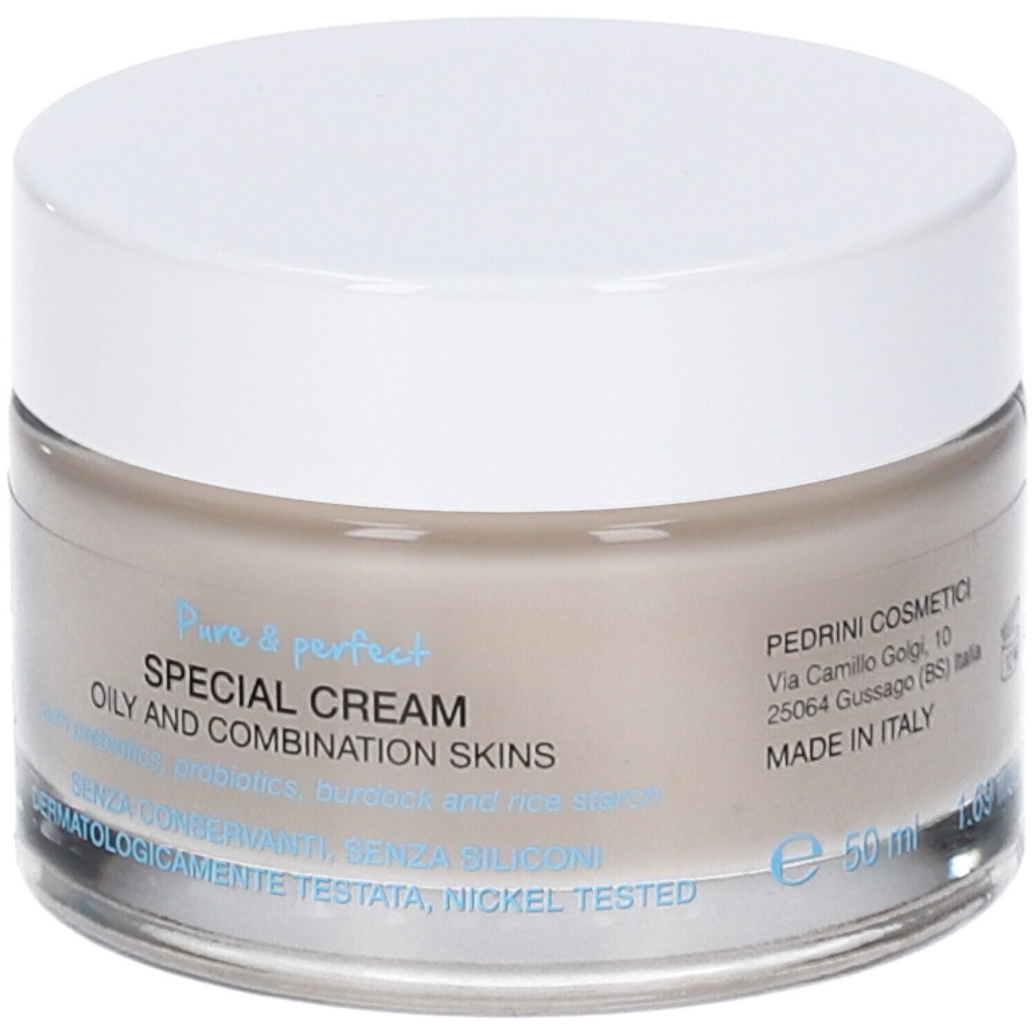 Vaso di crema con coperchio bianco. Scritta: Special Cream, per pelli miste. Pedrini Cosmetici. Made in Italy.