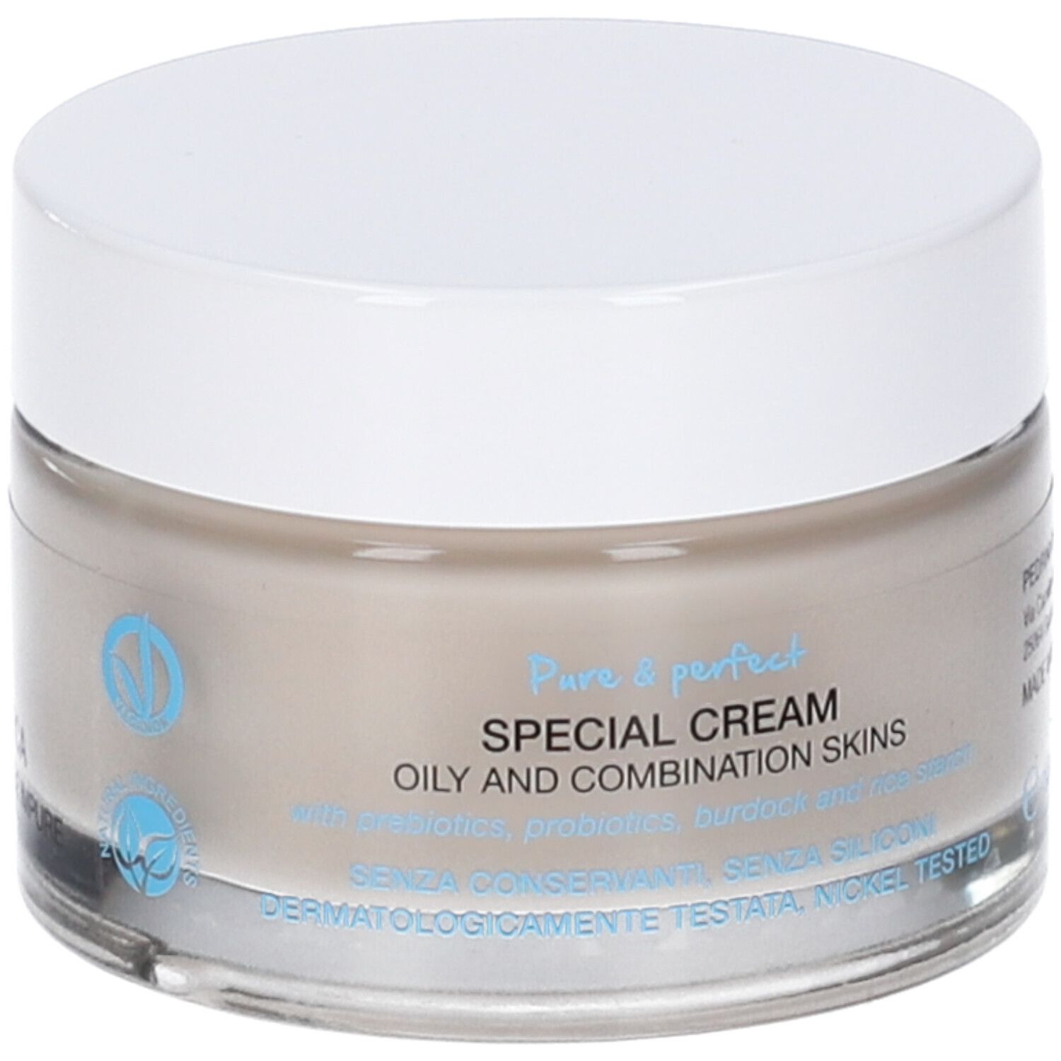 Vaso di crema con coperchio bianco. Scritta: Special Cream, per pelli miste. Marchio Vegan.