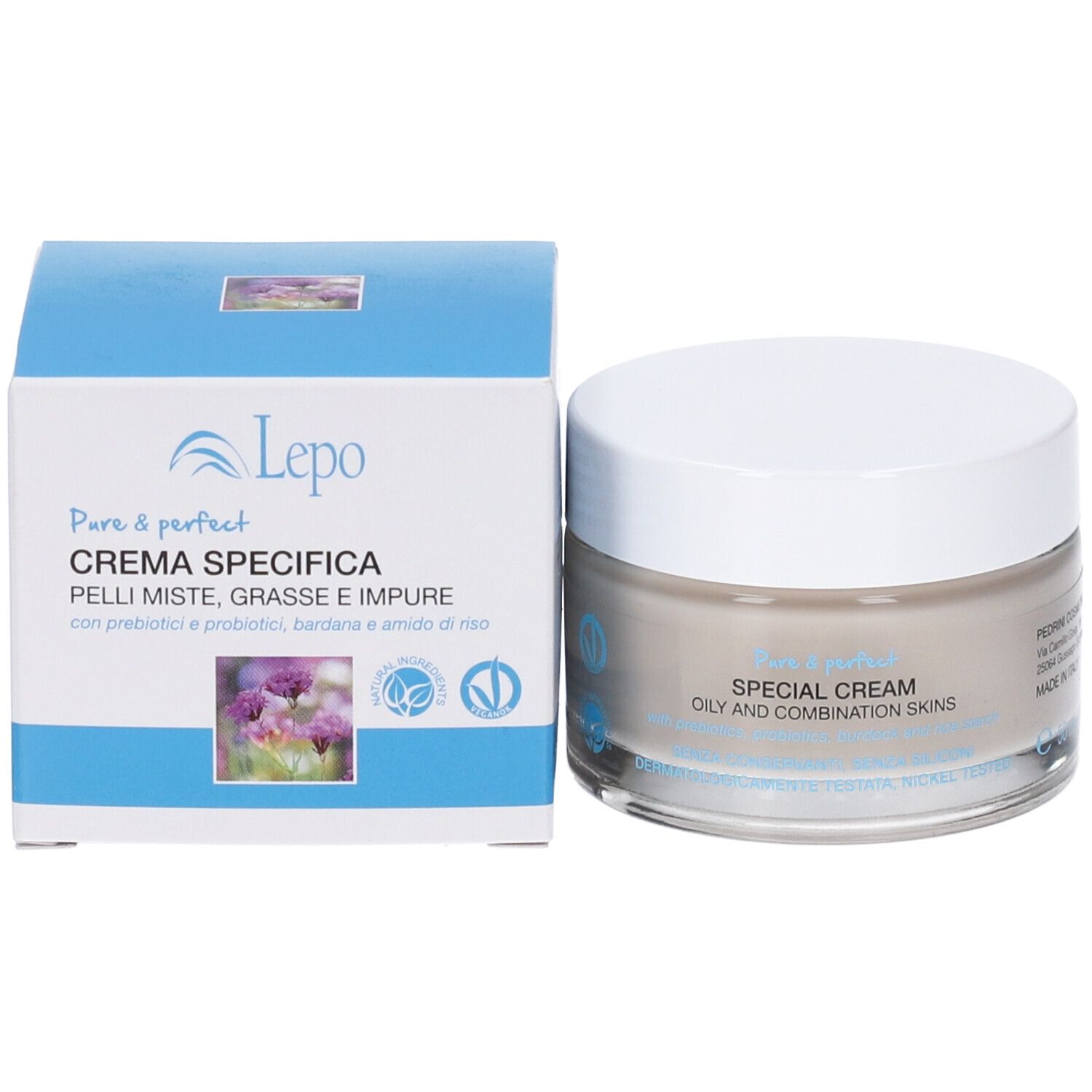 Vaso di crema e scatola. Scritta: LEPO Crema Specifica. Per pelli miste, grasse e impure.