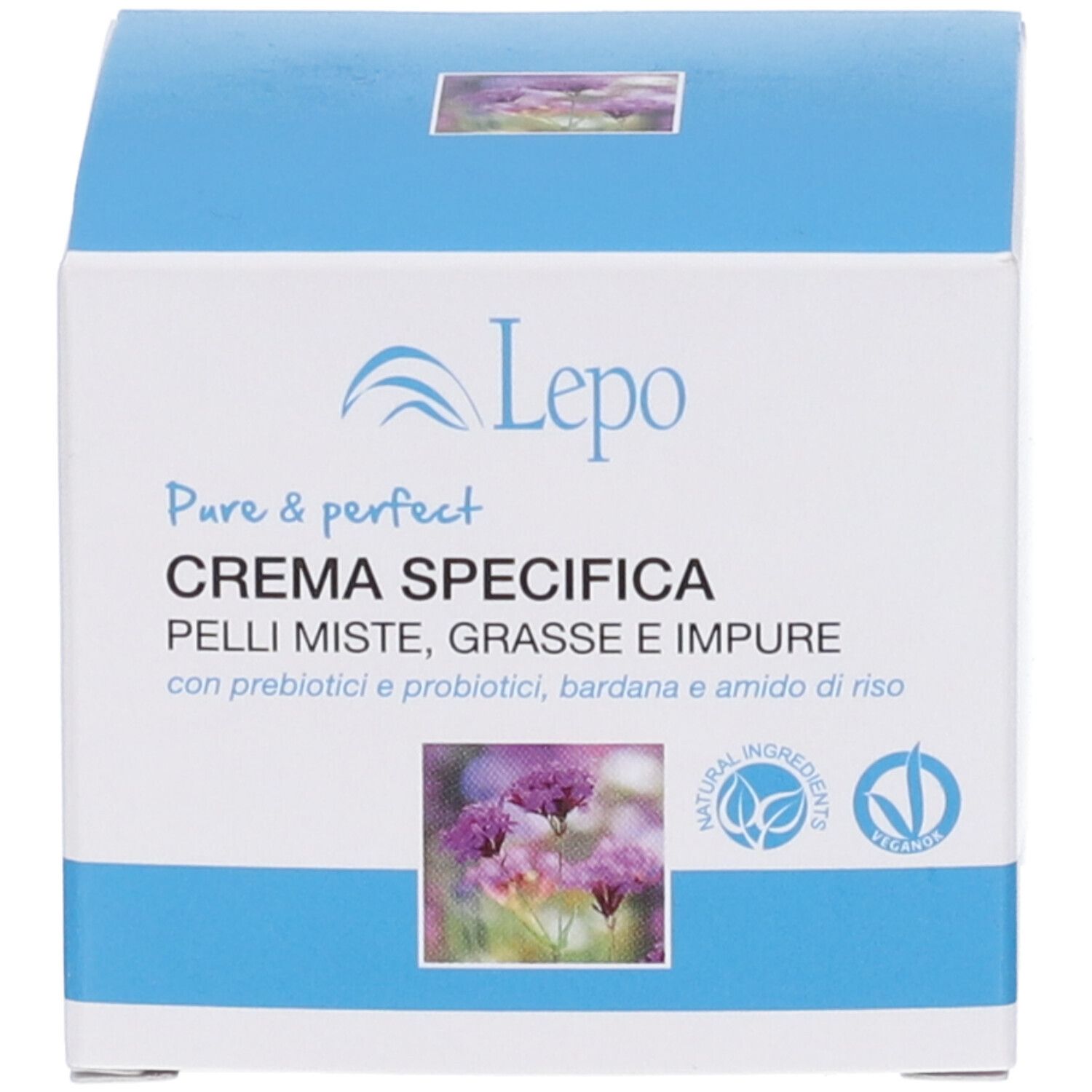 Scatola con scritta: LEPO Crema Specifica. Per pelli miste, grasse e impure. Marchio Vegan.