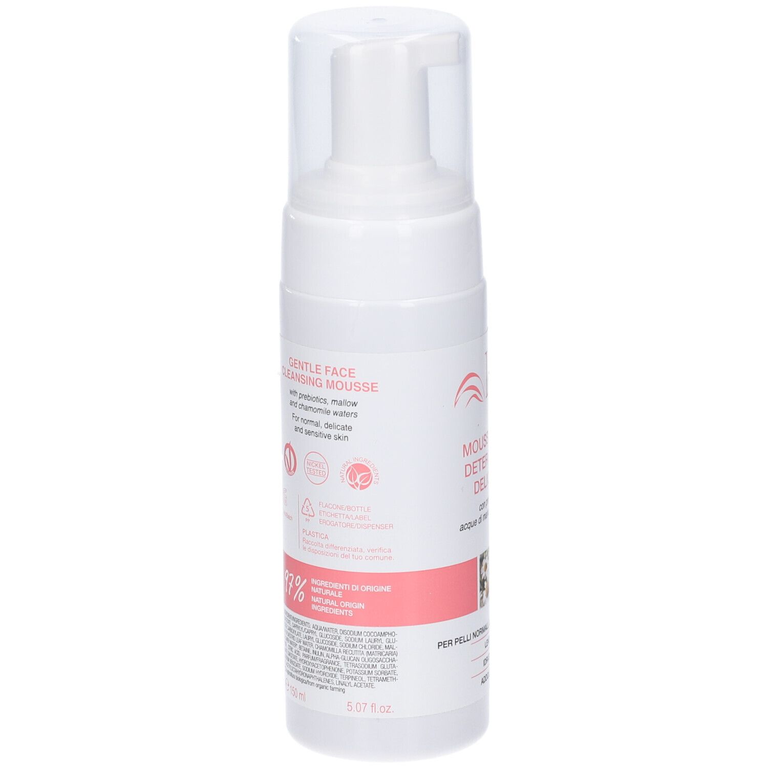Flacone bianco con erogatore. Etichetta rosa con nome prodotto e logo. Testo: GENTLE FACE CLEANSING MOUSSE. Informazioni aggiuntive.