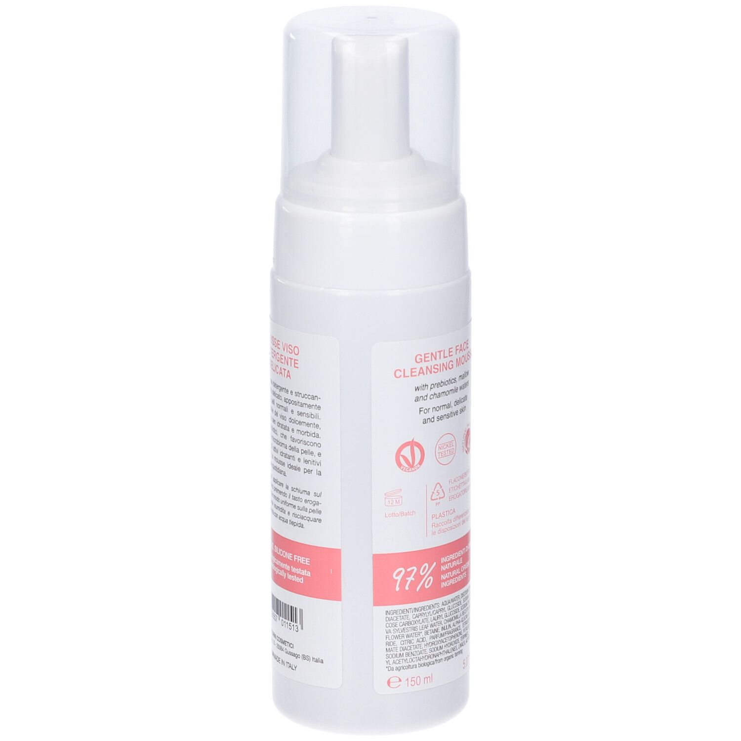 Flacone bianco con erogatore. Etichetta rosa con nome prodotto e logo. Testo: GENTLE FACE CLEANSING MOUSSE. Informazioni aggiuntive.