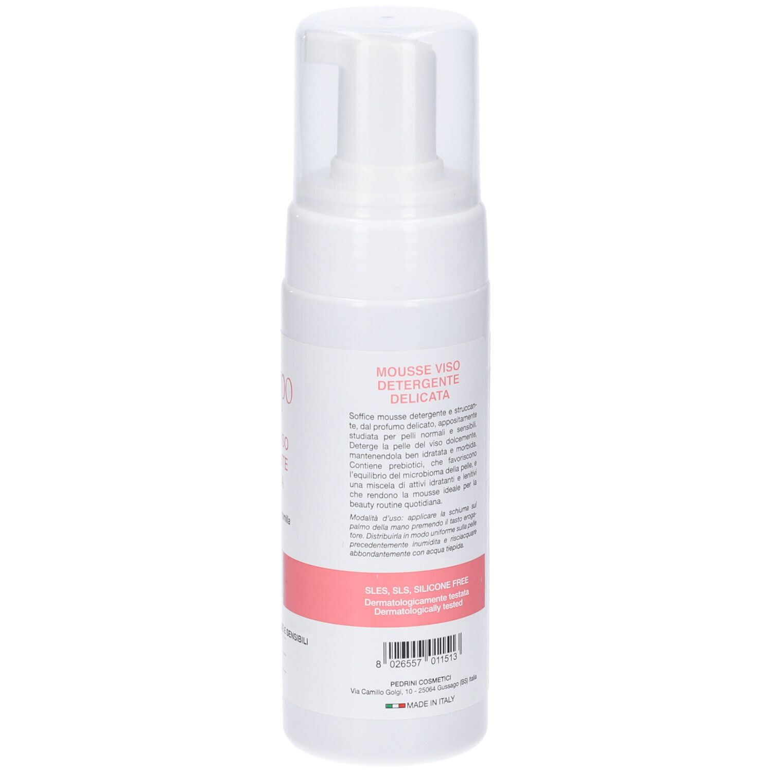 Flacone bianco con erogatore. Etichetta rosa con nome prodotto e logo. Testo: MOUSSE VISO DETERGENTE DELICATA. Informazioni aggiuntive.