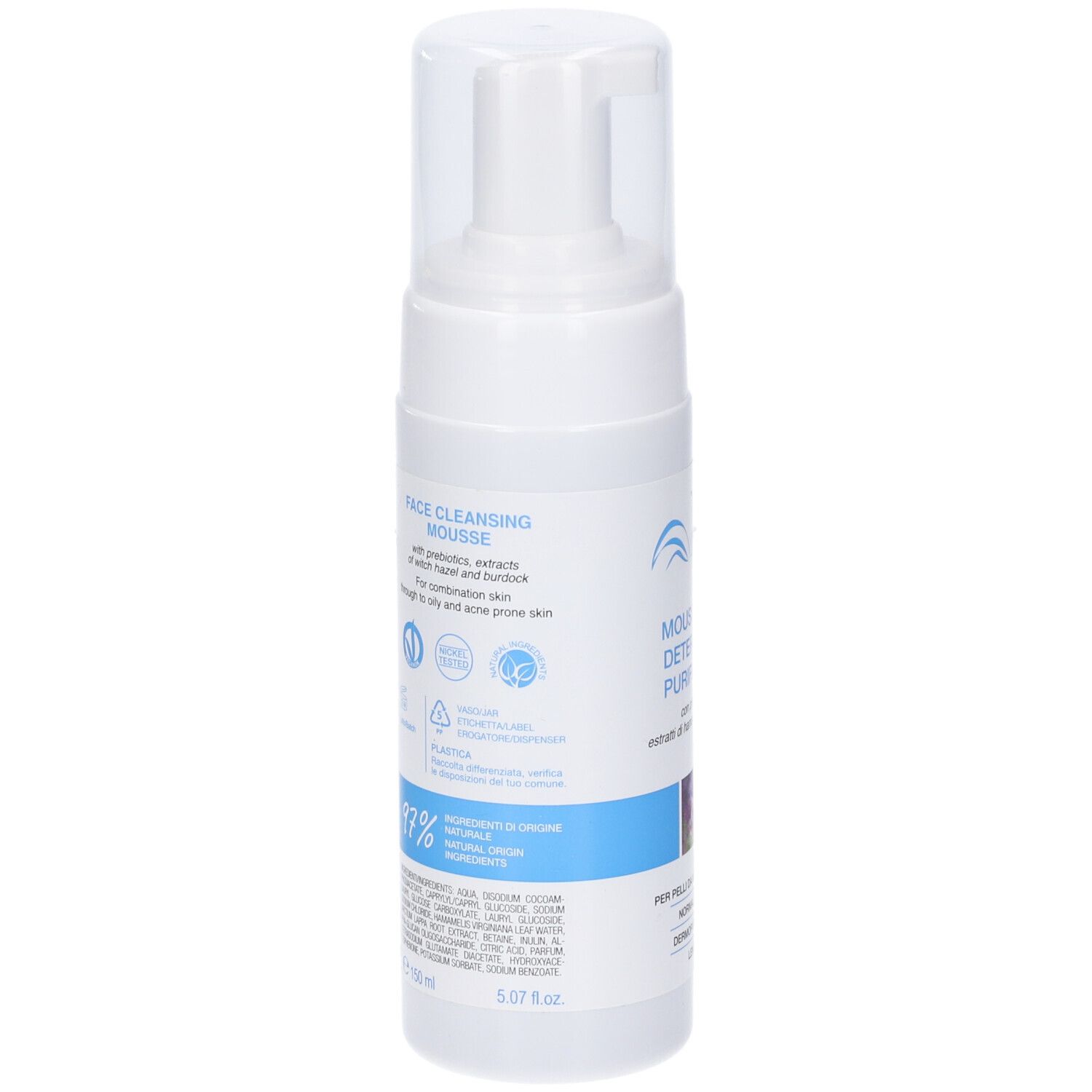 Flacone bianco con erogatore. Scritta: FACE CLEANSING MOUSSE. Retro con testo e loghi.