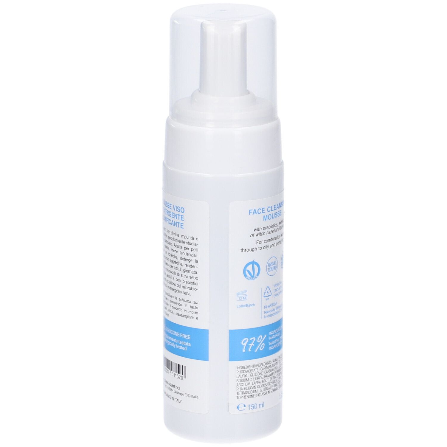 Flacone bianco con erogatore. Scritta: FACE CLEANSING MOUSSE. Retro con testo e loghi.