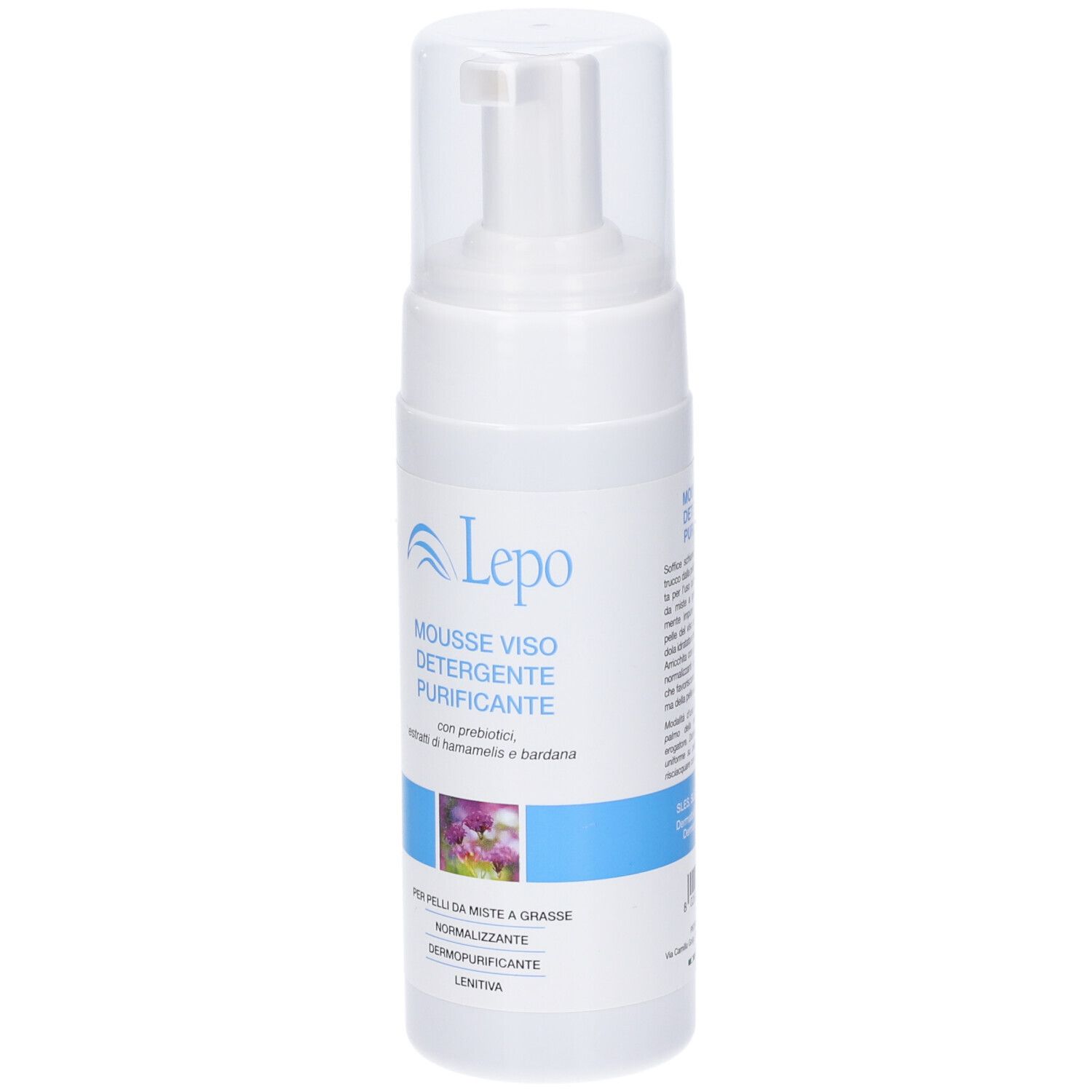 Flacone bianco con erogatore. Scritta: LEPO, MOUSSE VISO DETERGENTE PURIFICANTE. Dettagli blu e viola.