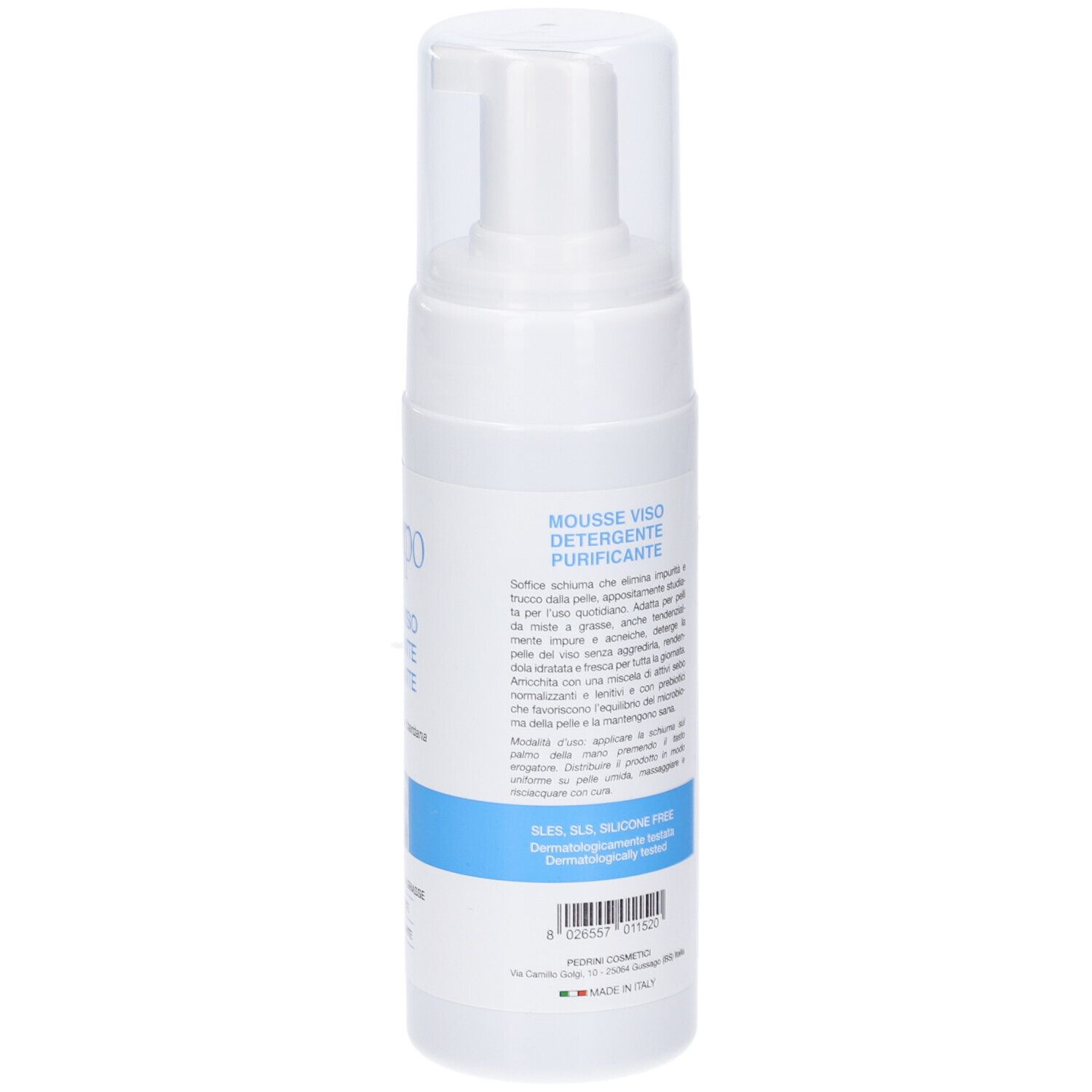 Flacone bianco con erogatore. Scritta: MOUSSE VISO DETERGENTE PURIFICANTE. Retro con testo.