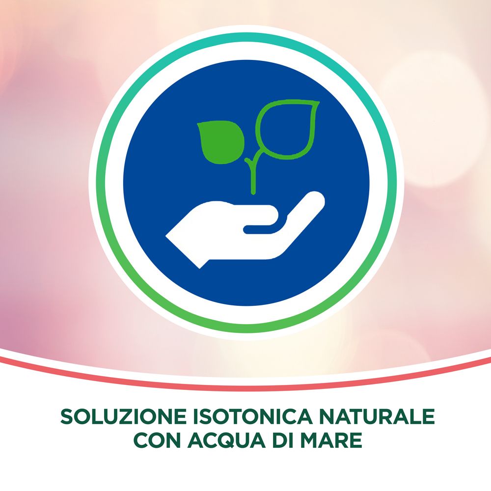 Logo circolare con mano che tiene foglie verdi. Testo: Soluzione isotonica con acqua di mare.