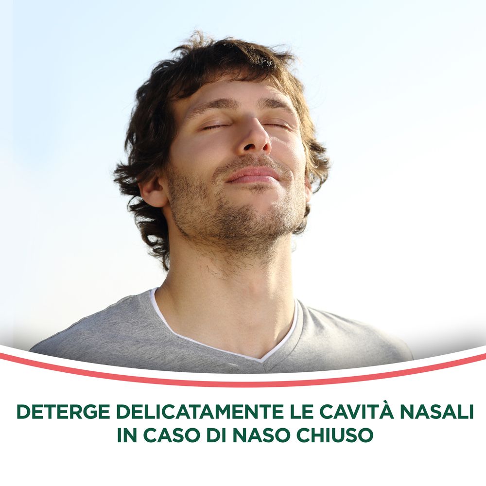Uomo che respira. Testo: Deterge delicatamente le cavità nasali in caso di naso chiuso.