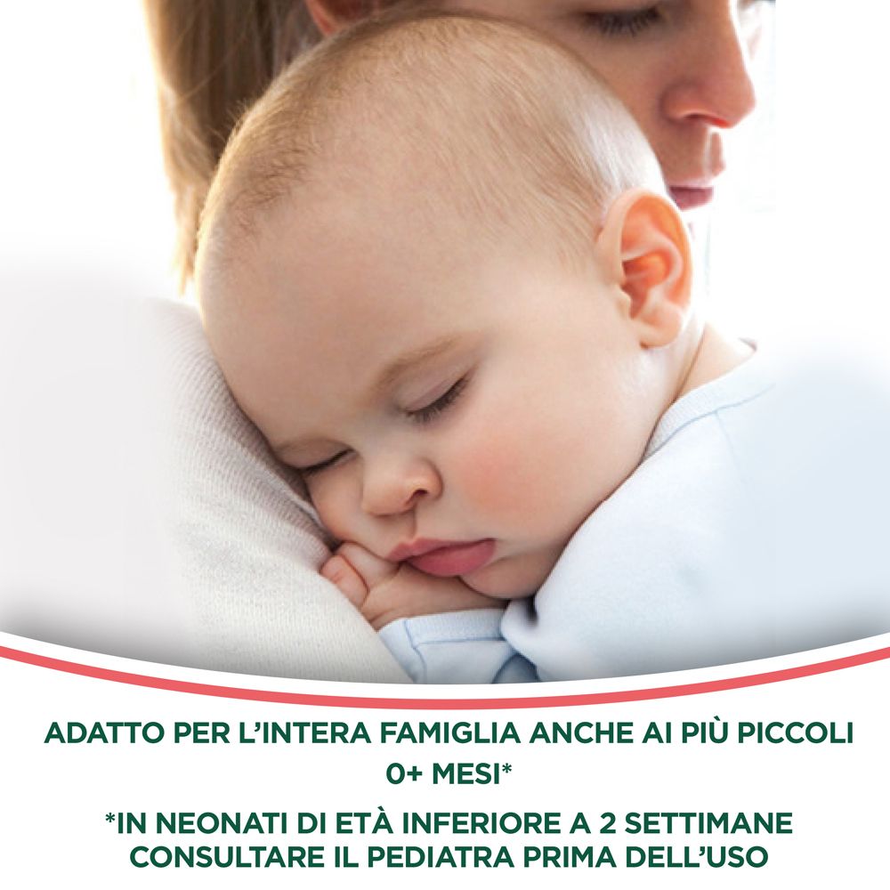 Bambino dorme su una spalla. Testo: Adatto per tutta la famiglia, anche ai più piccoli.