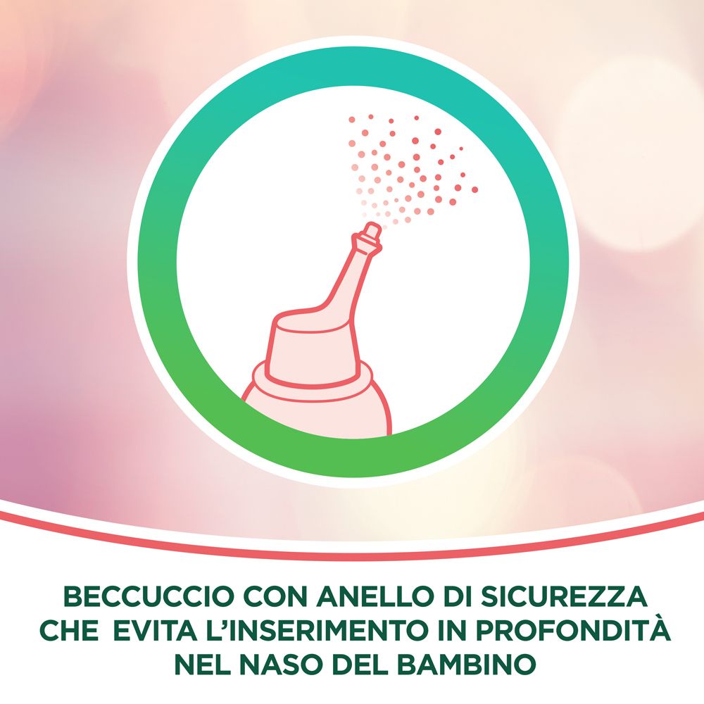 Logo circolare con beccuccio spray nasale. Testo: Beccuccio con anello di sicurezza che evita l'inserimento nel naso del bambino.