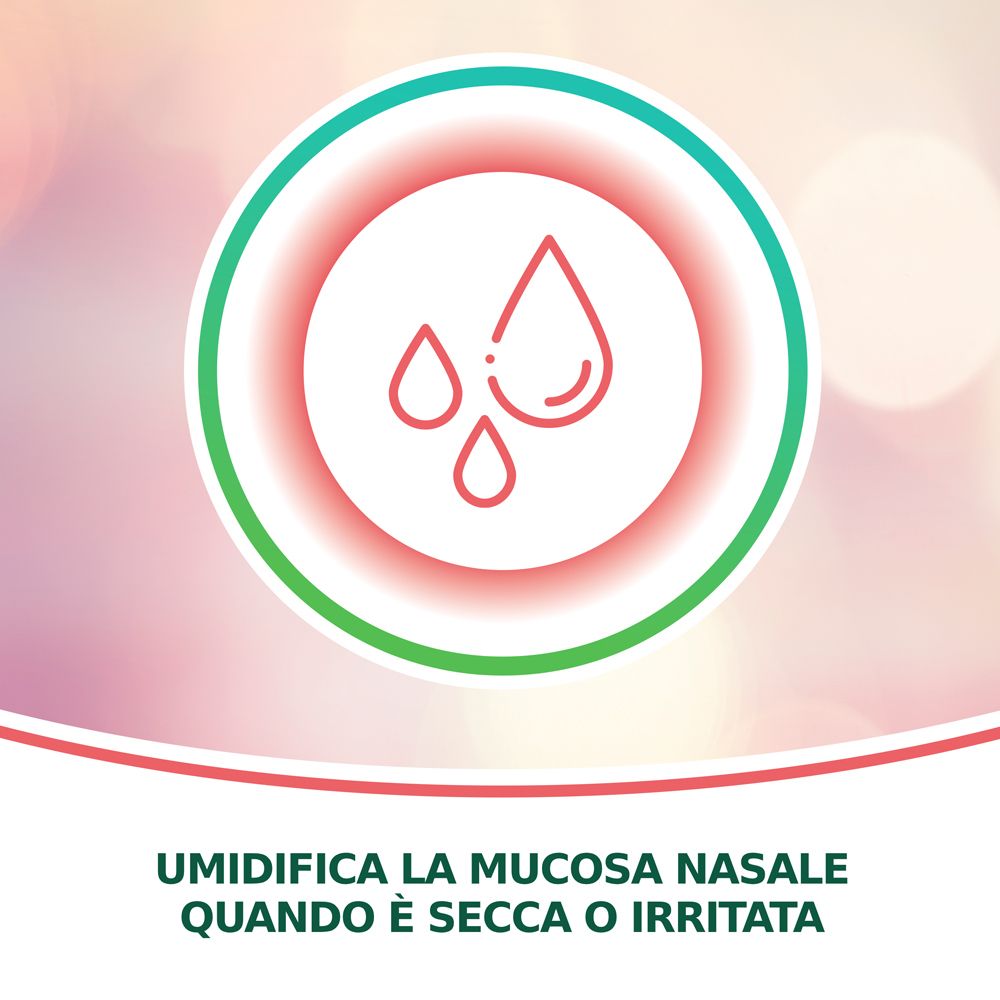 Logo circolare con gocce. Testo: Umidifica la mucosa nasale quando è secca o irritata.