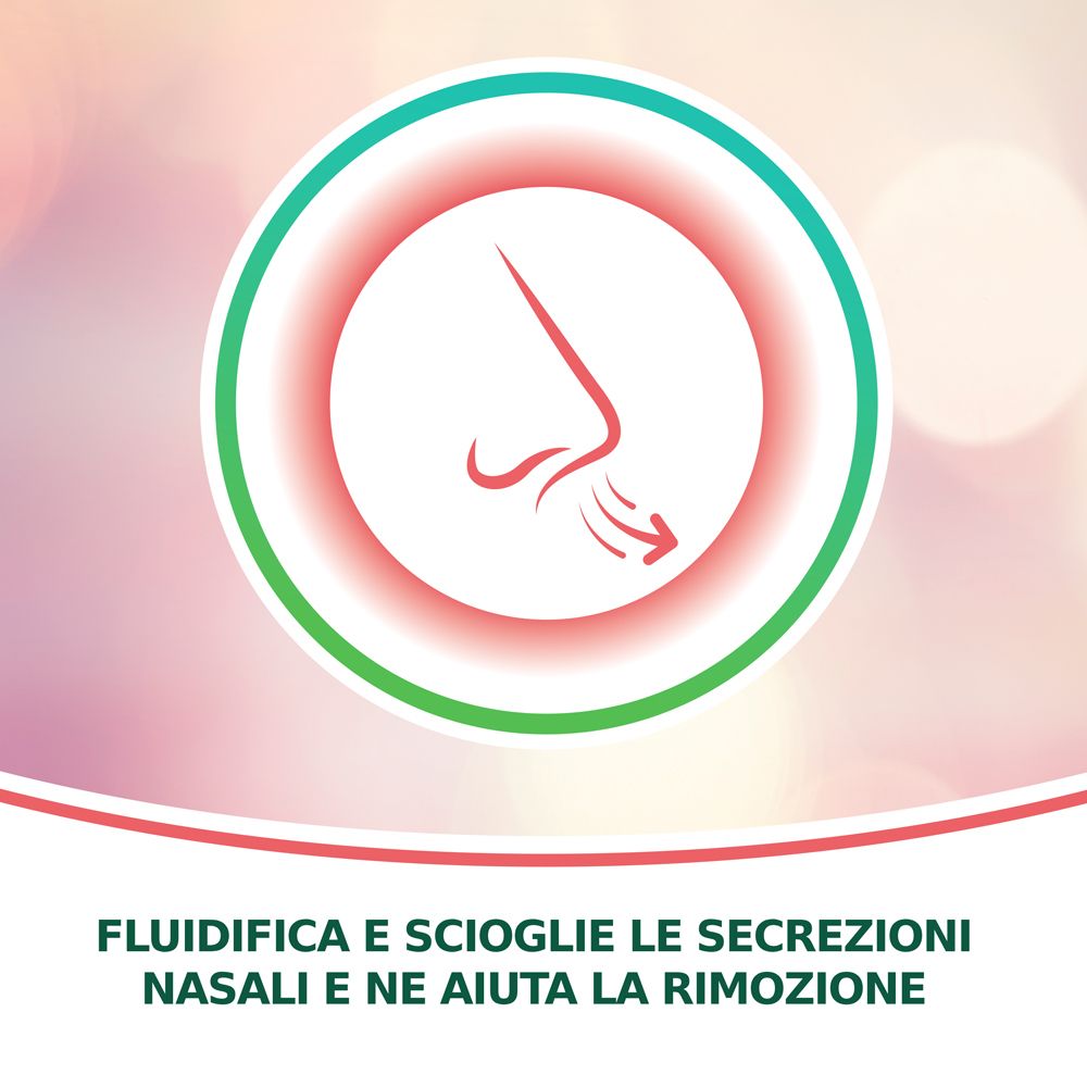 Logo circolare con naso. Testo: Fluidifica e scioglie le secrezioni nasali e ne aiuta la rimozione.