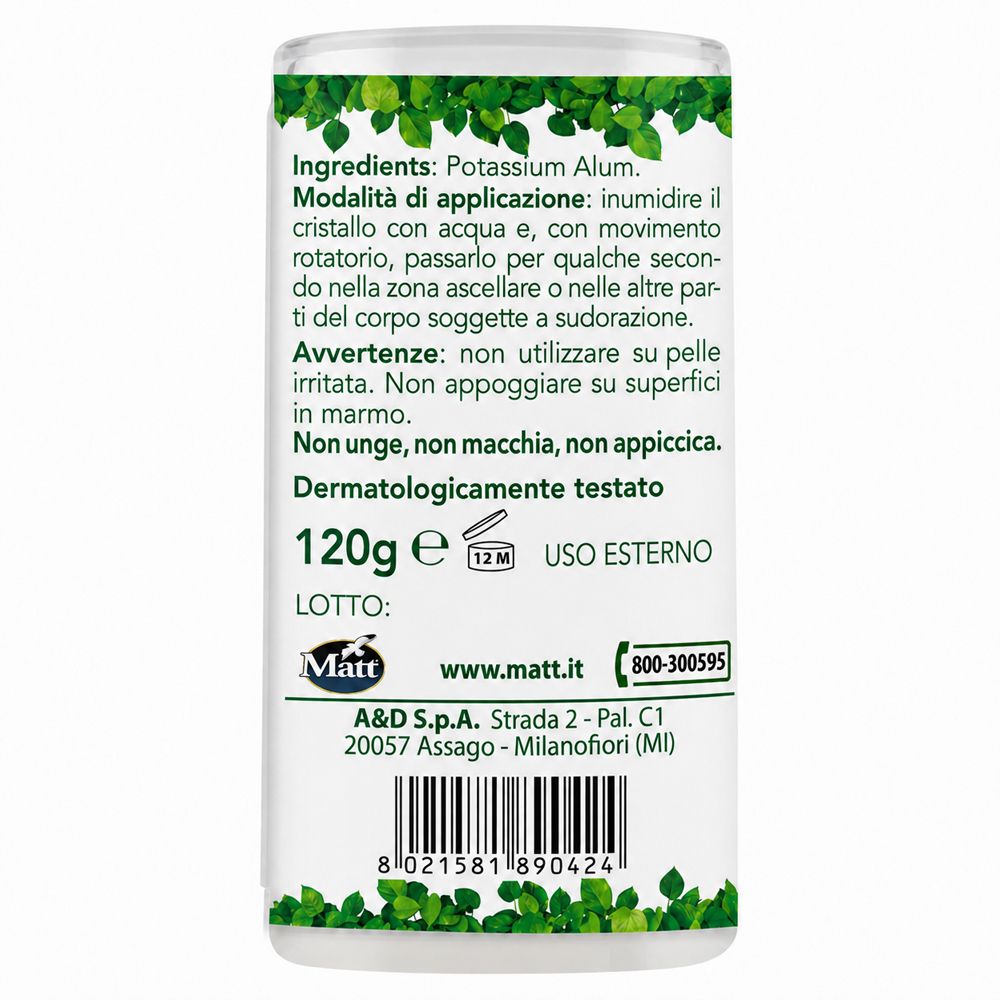 Cristallo di Allume di Potassio Matt, 120g. Ingredienti: Allume di potassio. Testato dermatologicamente.
