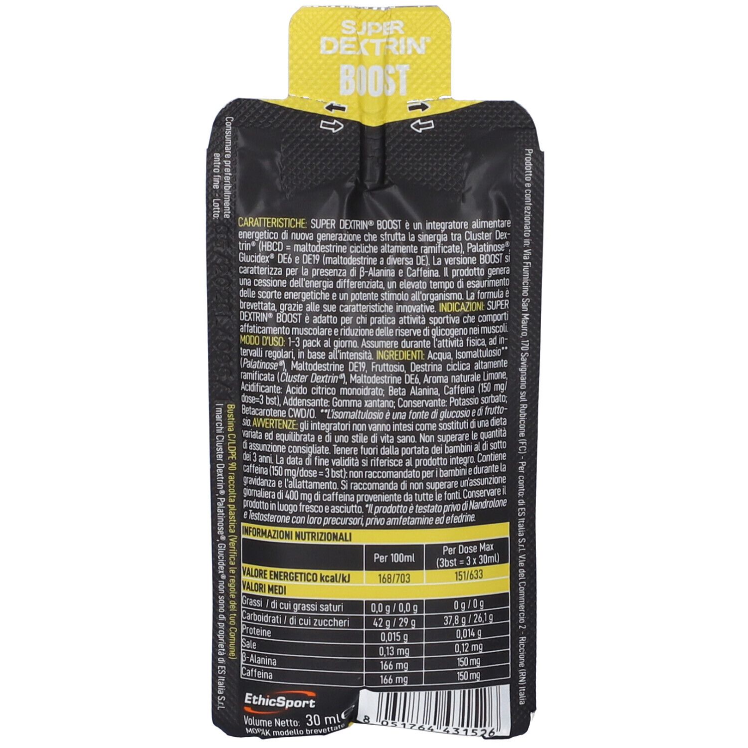 Retro di una busta nera con chiusura gialla. Testo in italiano. Contiene informazioni nutrizionali e ingredienti.