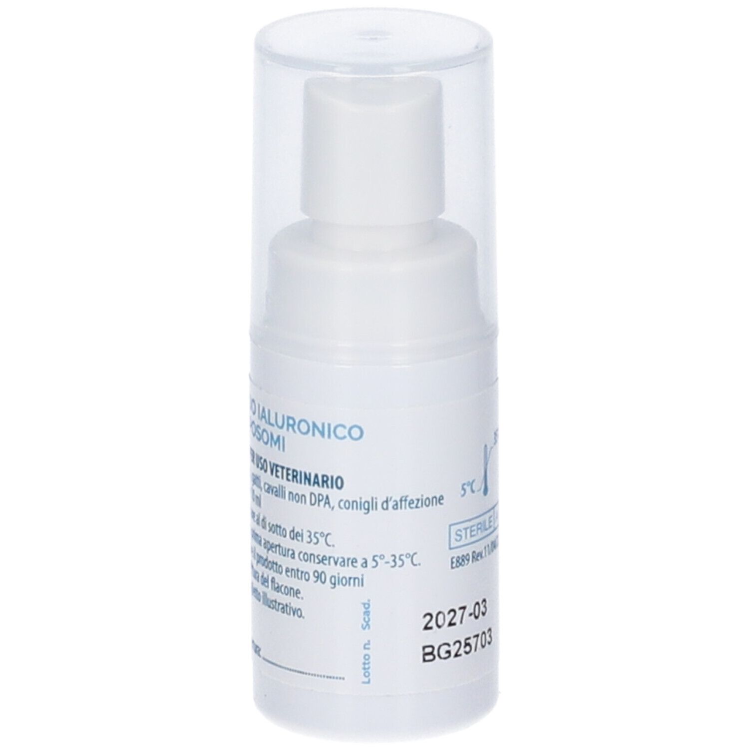 Flacone spray bianco con cappuccio trasparente. Scritta: ACIDO IALURONICO E LIPOSOMI. Per uso veterinario.