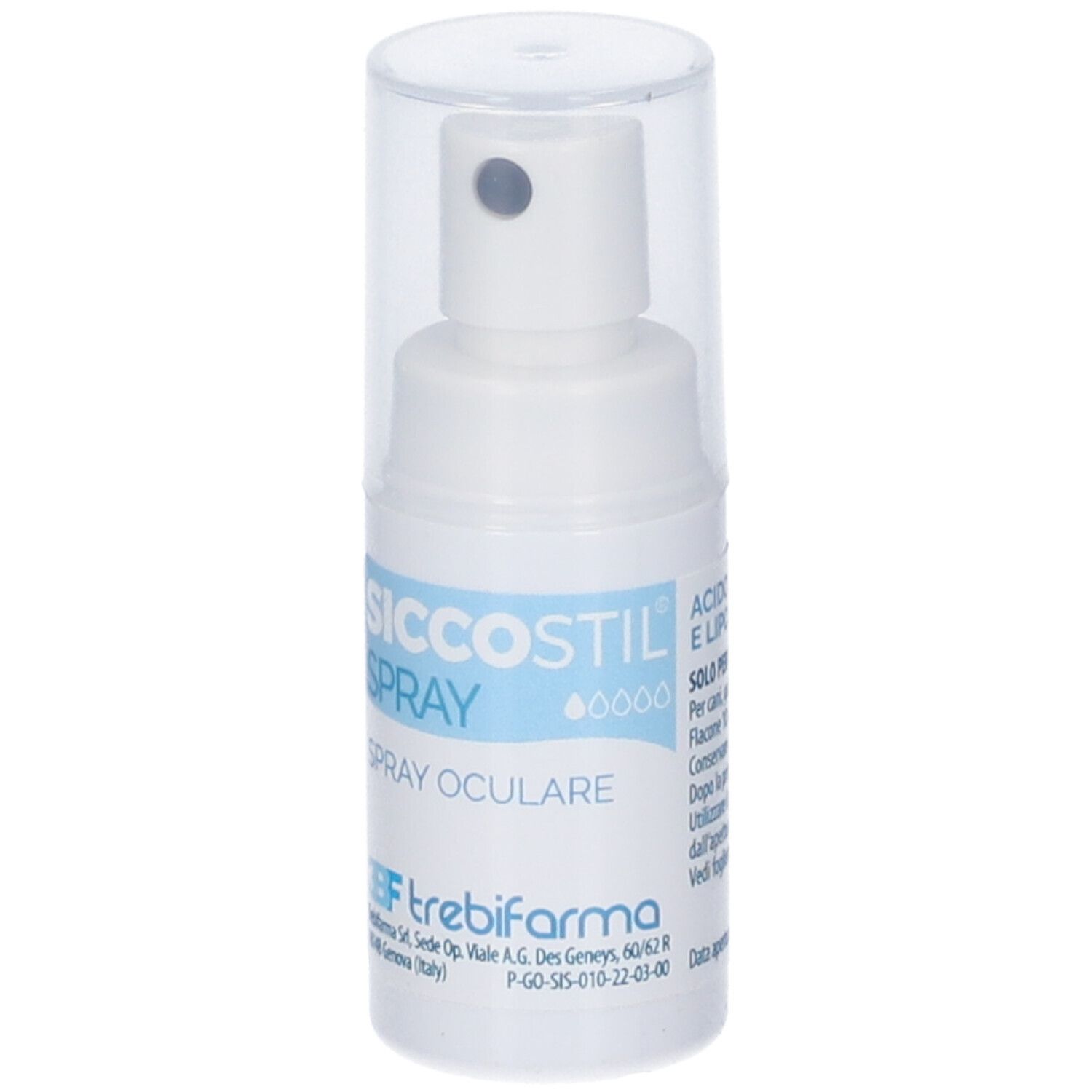 Flacone spray bianco con cappuccio trasparente. Scritta: SICCOSTIL SPRAY, SPRAY OCULARE. Marchio: 3BF trebifarma.