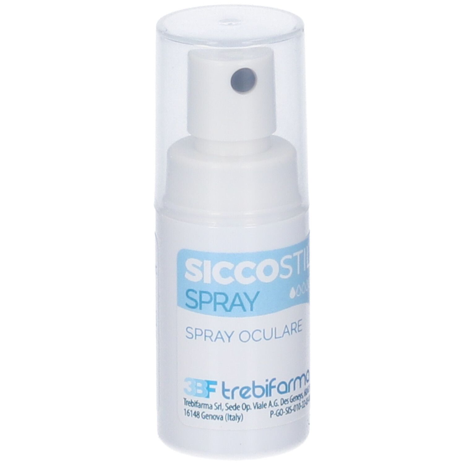 Flacone spray bianco con cappuccio trasparente. Scritta: SICCOSTIL SPRAY, SPRAY OCULARE. Marchio: 3BF trebifarma.